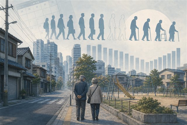 Quiet Northeast Asian street with fewer young people and more older adults suggesting population aging