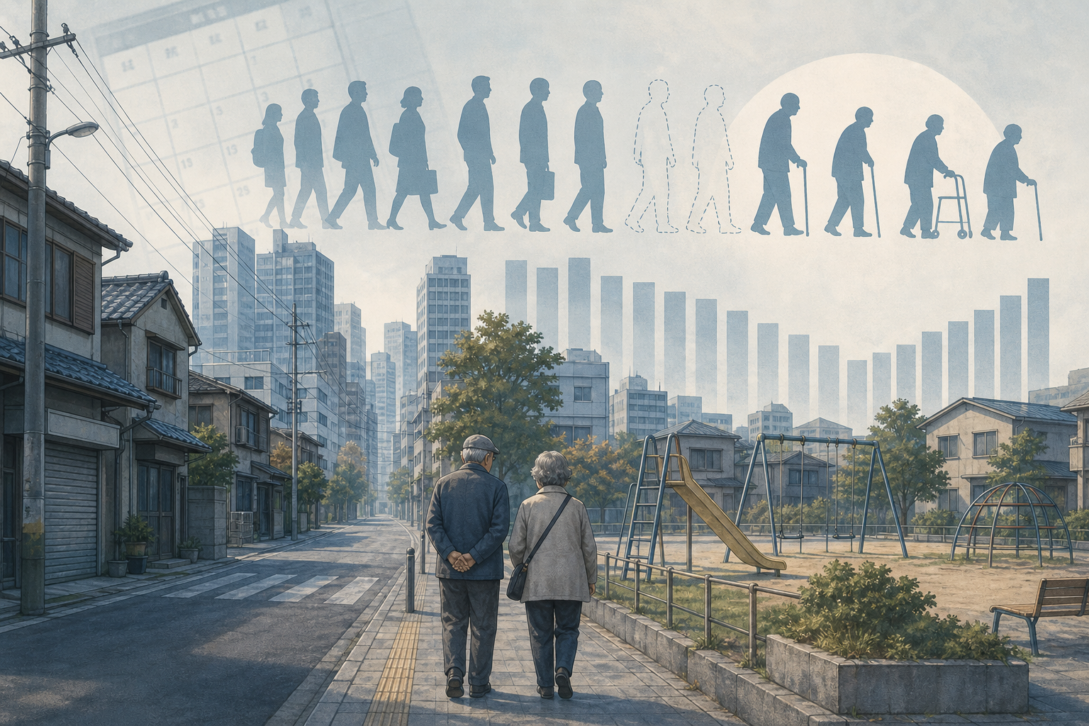 Quiet Northeast Asian street with fewer young people and more older adults suggesting population aging