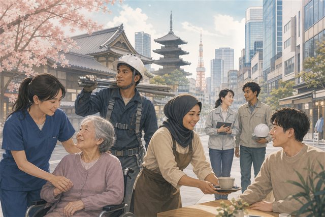 Diverse workers in a Japanese city suggesting growing foreign resident communities