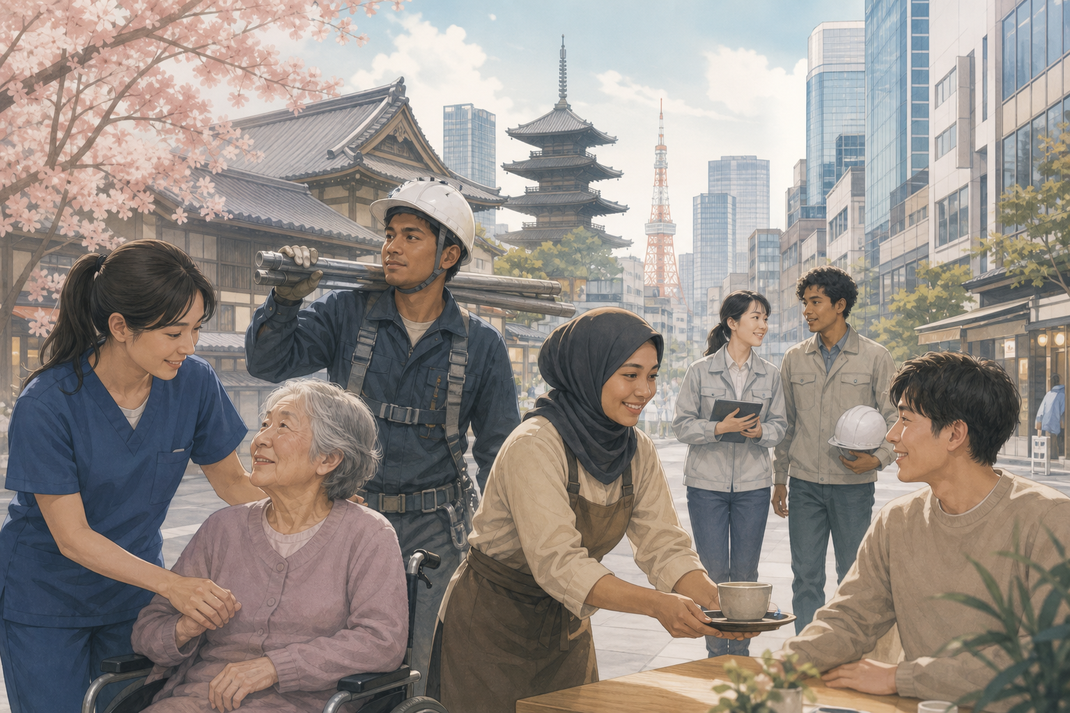 Diverse workers in a Japanese city suggesting growing foreign resident communities
