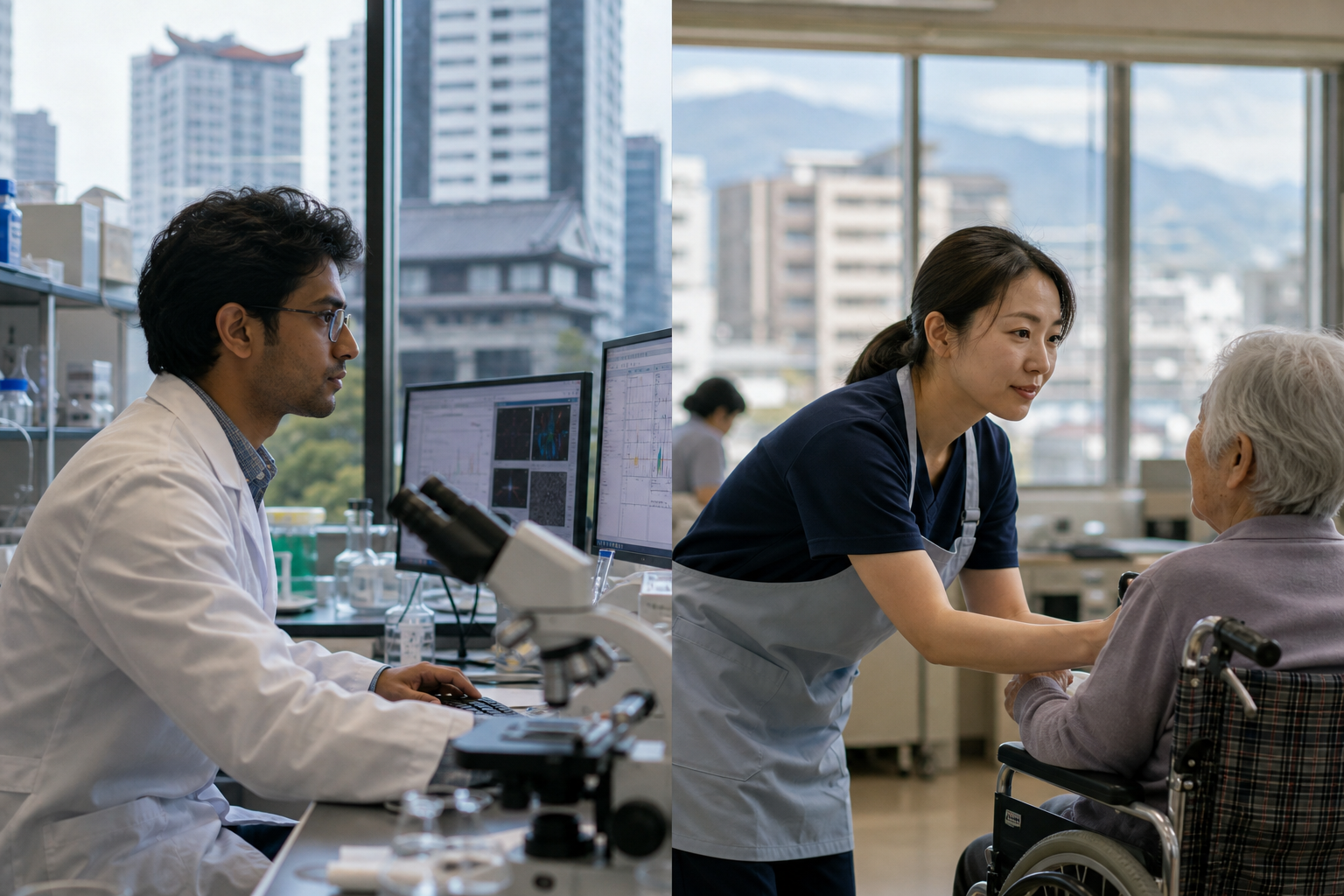 Foreign scientist and factory worker suggesting selective immigration in Northeast Asia