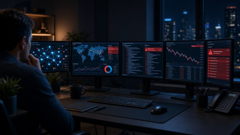 Trading monitors at night showing blockchain wallet charts and red transfer alerts during a large cryptocurrency theft