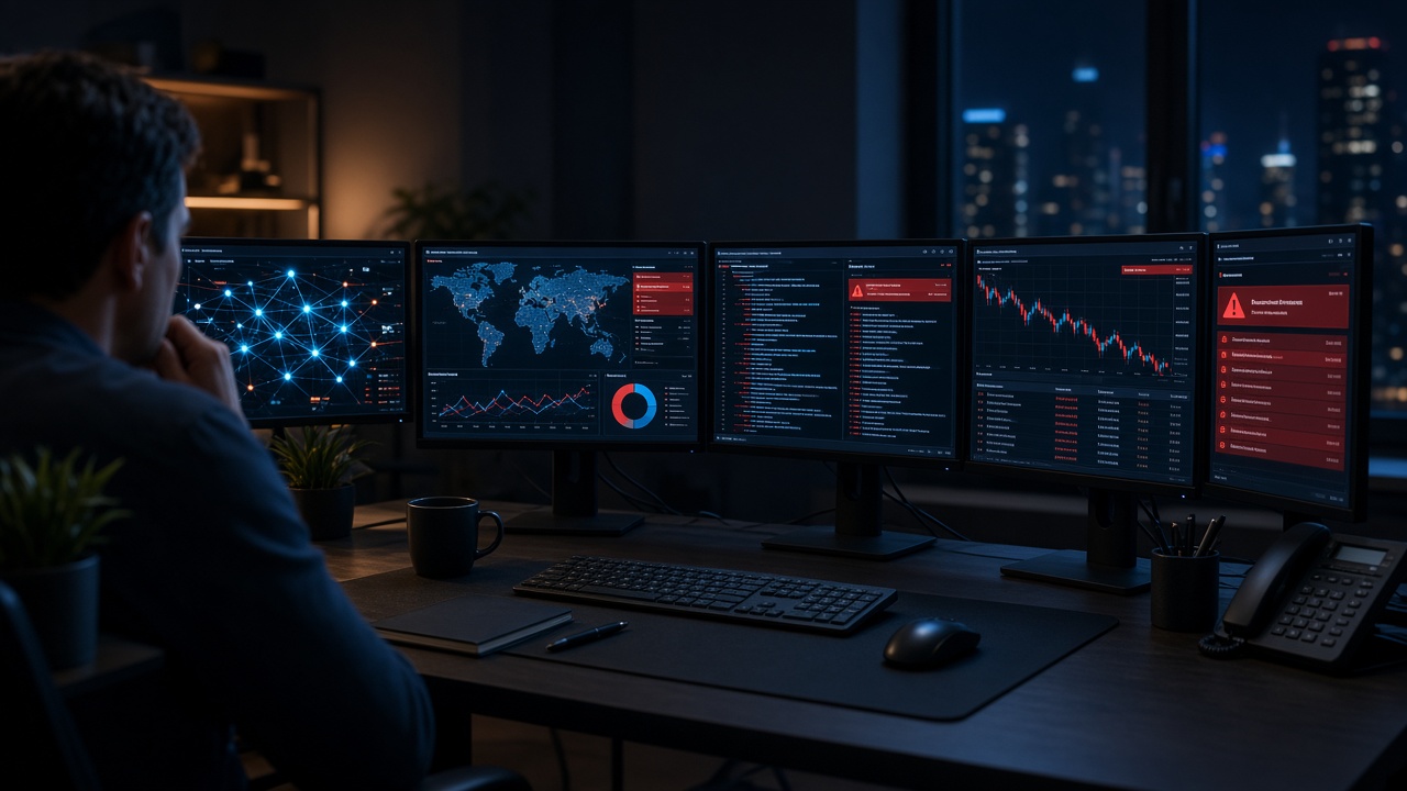 Multiple trading monitors on a desk at night showing blockchain wallet charts and red transfer alerts during a large cryptocurrency theft investigation