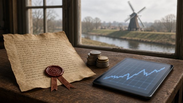 An old goatskin bond document with a red wax seal beside coins and a tablet showing a line chart, with a Dutch canal and windmill outside the window