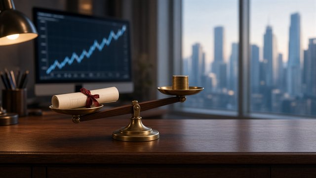 A small brass seesaw on a desk with a rolled bond certificate sinking on one side and a stack of gold coins rising on the other, with a rising chart and city skyline behind