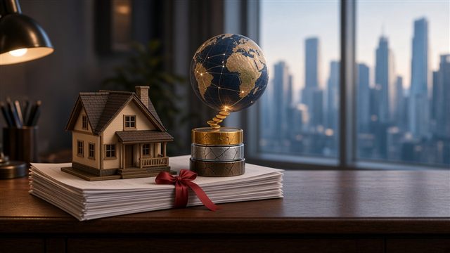 A small model house resting on a stack of loan documents tied with a red ribbon, beside a three-layer gold, silver and cracked bronze stack and a glowing globe on a desk overlooking a city skyline