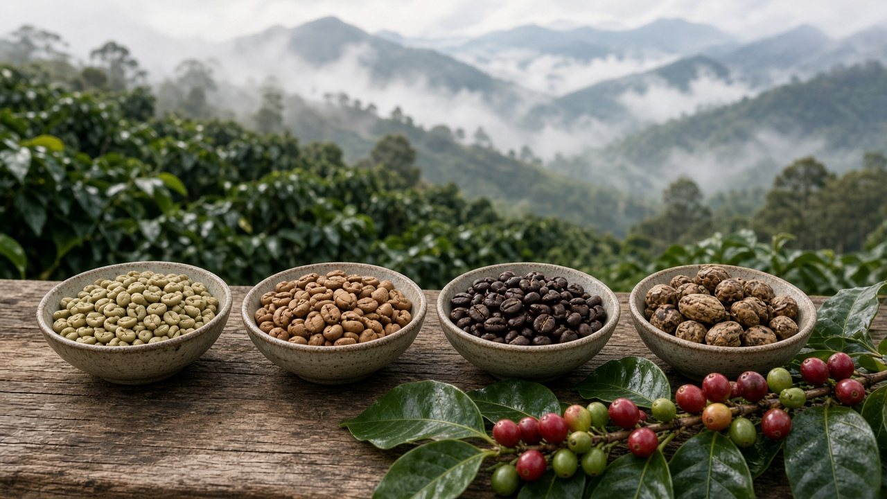 Four bowls of different coffee beans and a branch of ripe coffee cherries on a wooden table, with misty coffee-farm hills behind