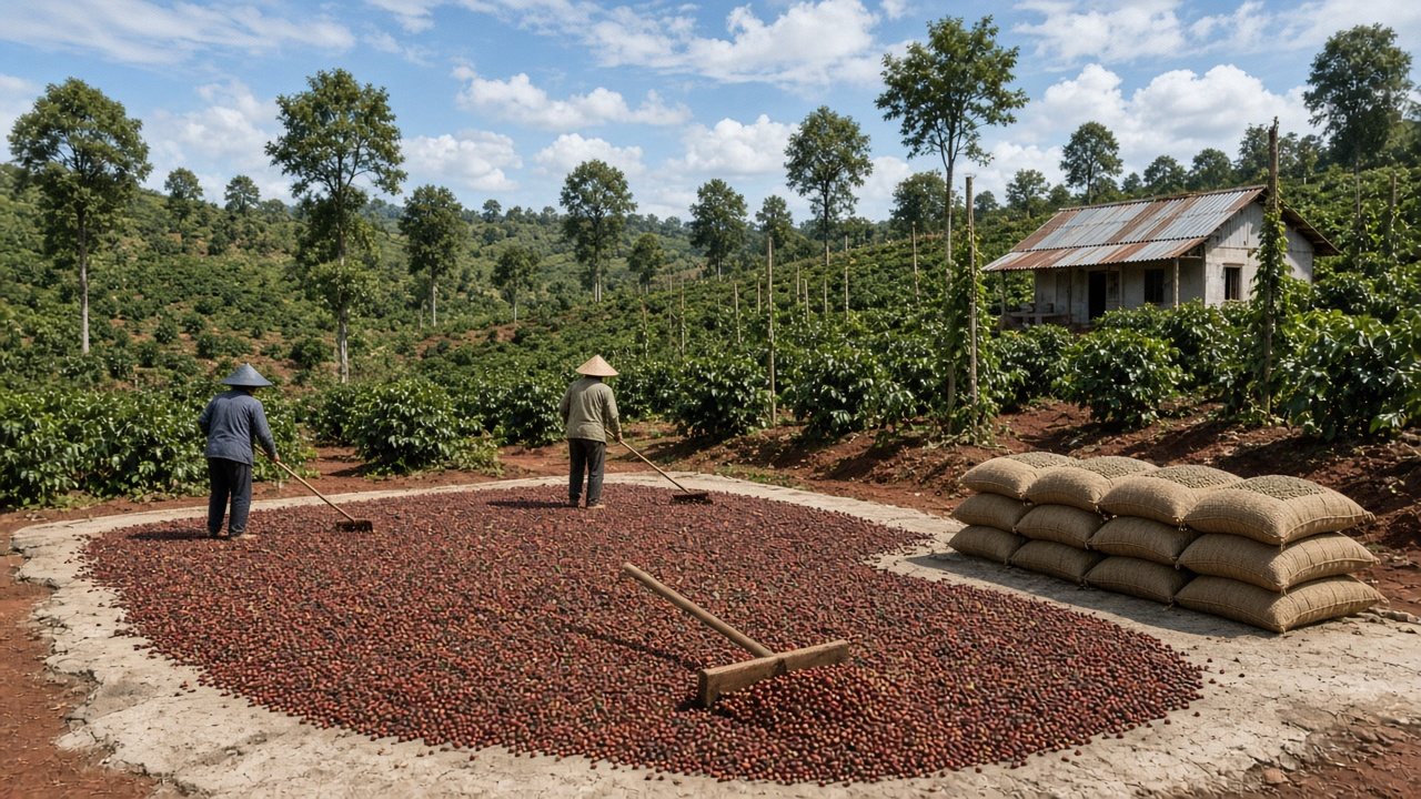Robusta coffee cherries drying on a concrete yard in Vietnam&rsquo;s Central Highlands, with sacks of beans, two farmers raking, and coffee-covered hills behind