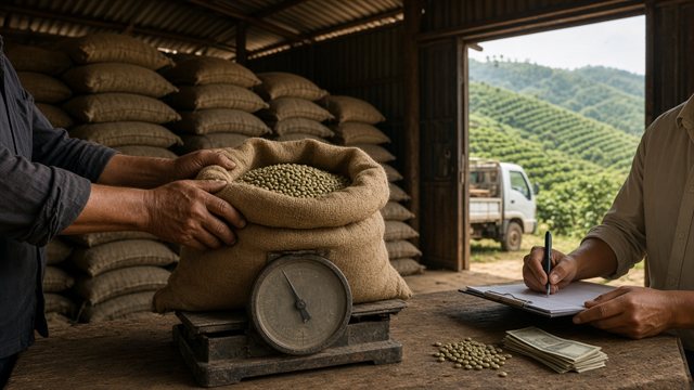 Hands of a farmer and a buyer over a sack of green coffee beans on an old scale in a warehouse, with coffee hills visible through the doorway