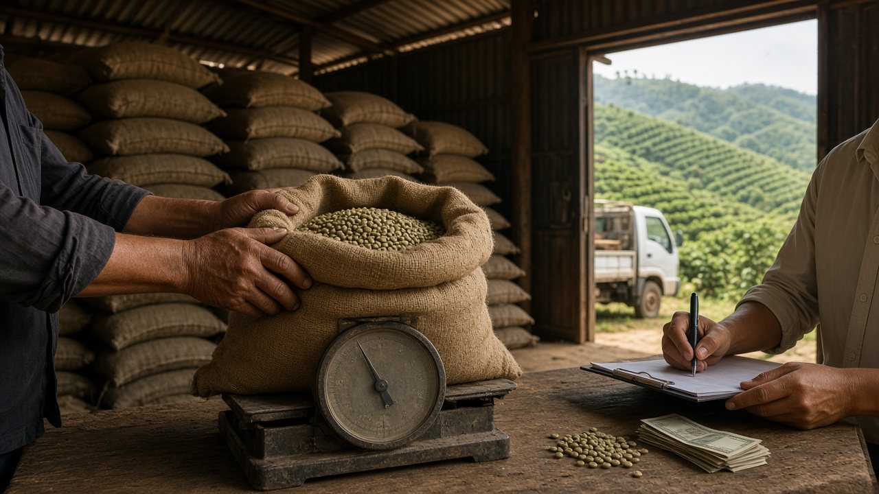 Hands of a farmer and a buyer over a sack of green coffee beans on an old scale in a warehouse, with coffee hills visible through the doorway