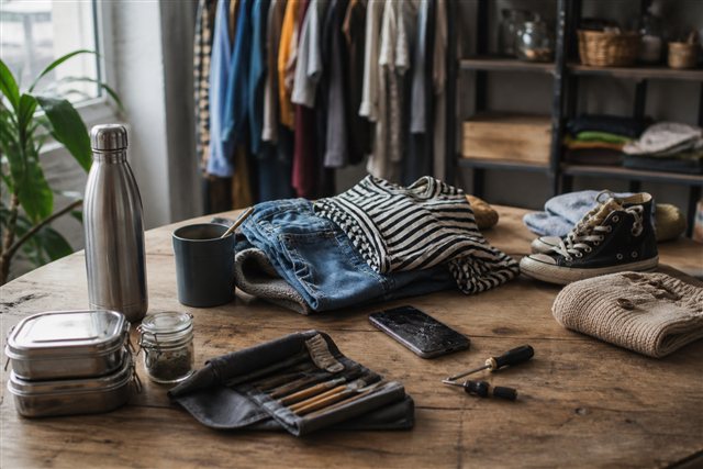 Repaired and reused everyday objects suggesting a circular economy and less material waste