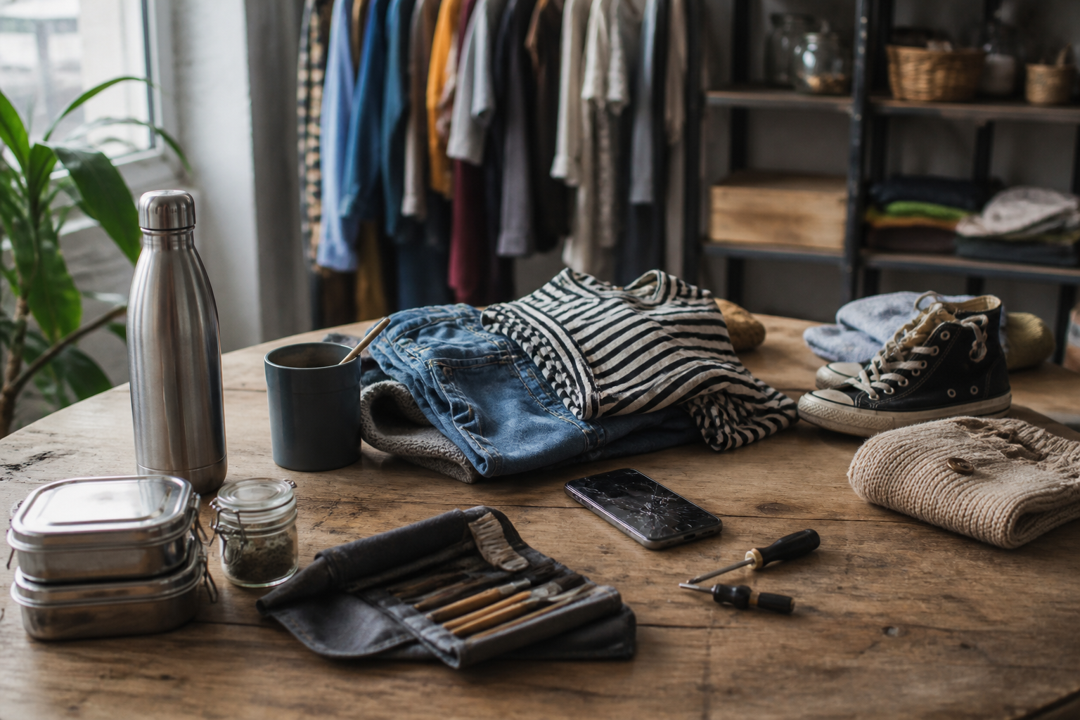 Repaired and reused everyday objects suggesting a circular economy and less material waste