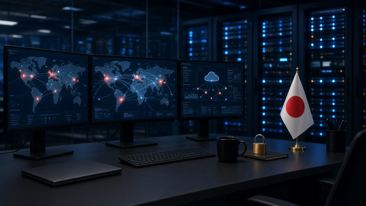 Monitors with abstract network maps and alert indicators on an operations desk beside a Japanese flag and padlock, with soft server lights behind