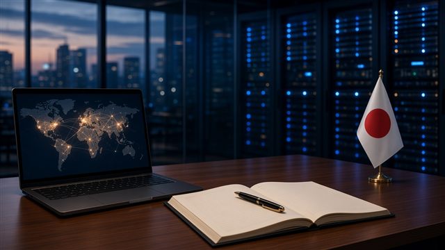 An open legal binder and fountain pen beside a laptop with an abstract network map and a Japanese desk flag