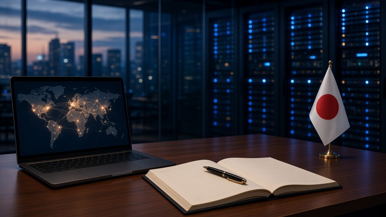 An open legal binder and fountain pen beside a laptop with an abstract network map and a Japanese desk flag