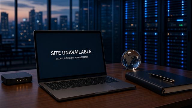 A home Wi-Fi router and laptop showing a site-unavailable page beside a legal binder on a desk, suggesting website takedown versus action on private devices