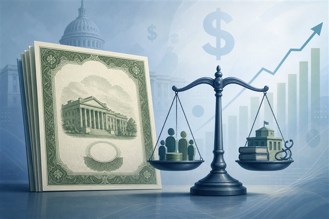 Treasury bond documents beside a scale suggesting government borrowing, taxes, and spending