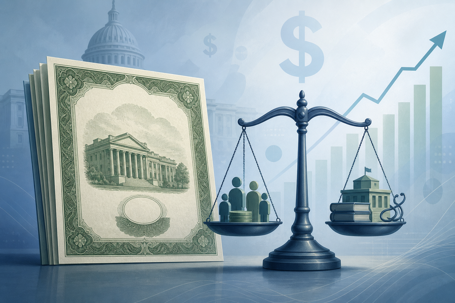 Treasury bond documents beside a scale suggesting government borrowing, taxes, and spending