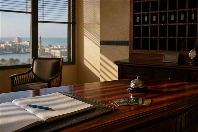 Quiet hotel reception desk suggesting a dispute over room access