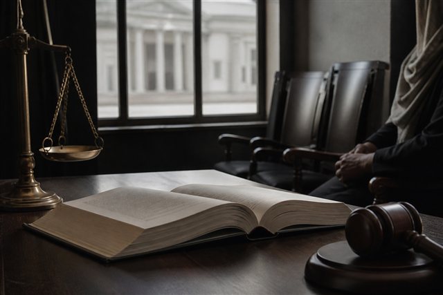 Open law book by a courthouse window suggesting equality on paper versus everyday life