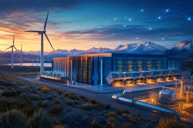 AI data center buildings with wind turbines suggesting energy-powered computing in Argentina