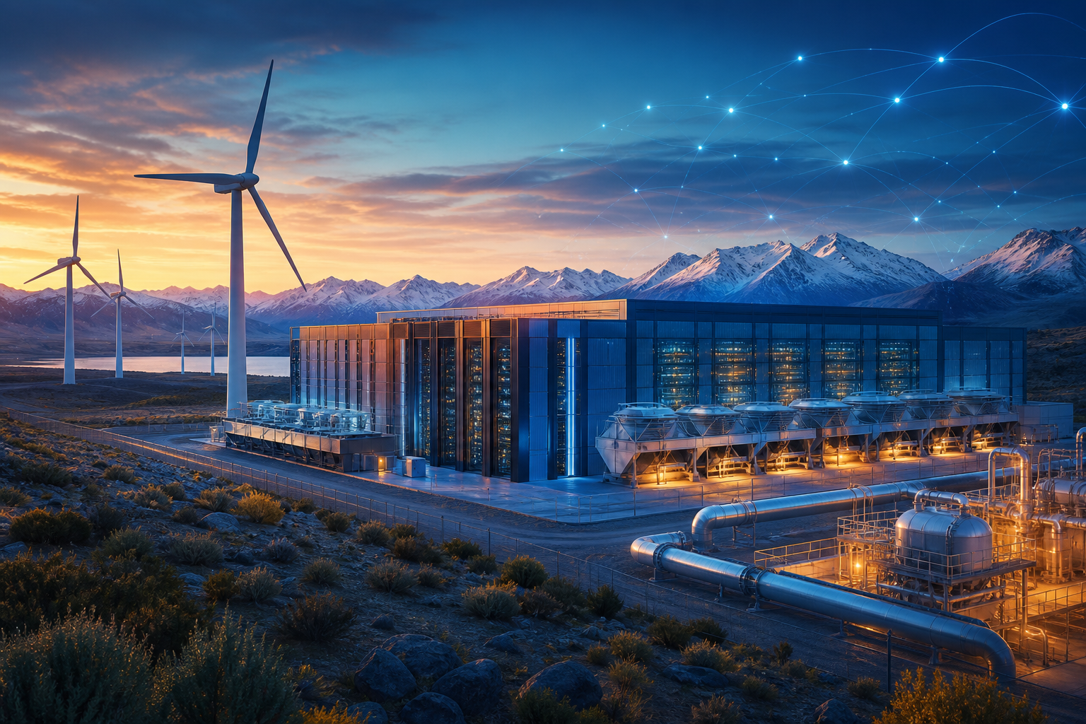 AI data center buildings with wind turbines suggesting energy-powered computing in Argentina