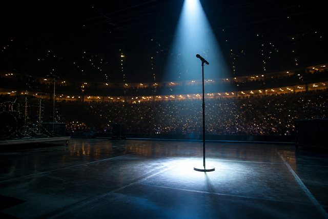 Empty concert stage under a spotlight suggesting a performer stepping back from public attention