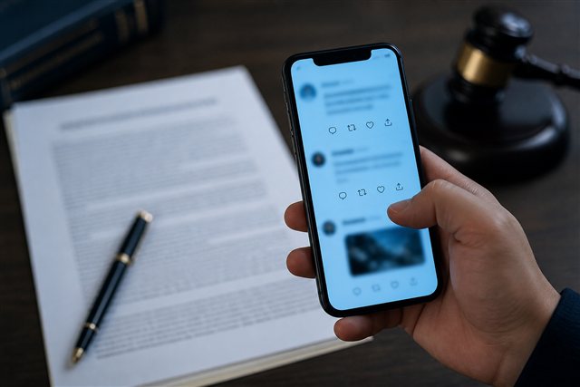 Smartphone showing a social media feed beside legal documents suggesting online defamation