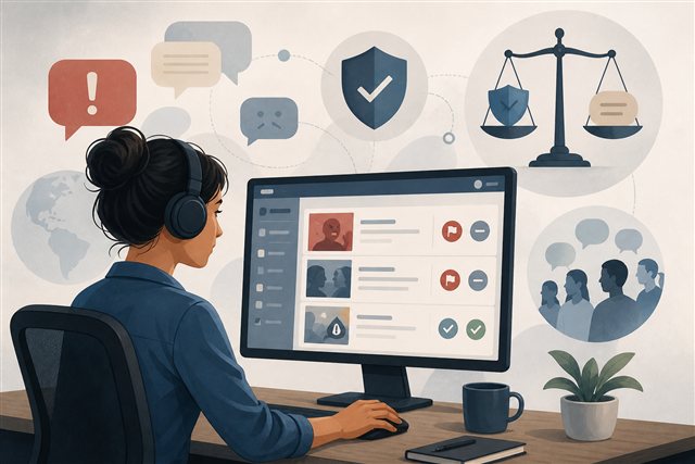 Content moderator reviewing social media reports on a computer screen