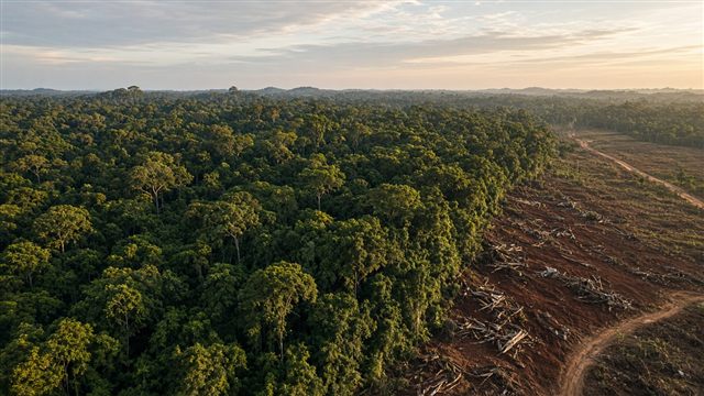 Dense Amazon rainforest canopy meeting a sharp edge of cleared reddish earth with fallen tree trunks under late-afternoon light