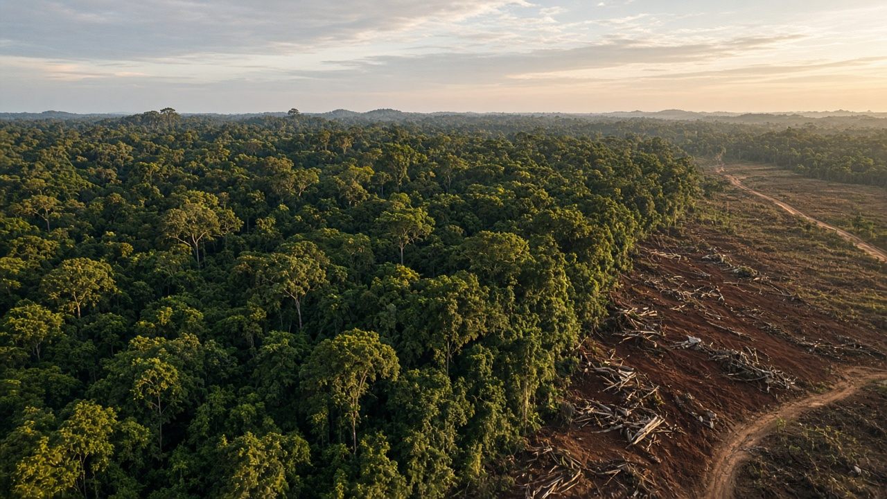 Dense Amazon rainforest canopy meeting a sharp edge of cleared reddish earth with fallen tree trunks under late-afternoon light