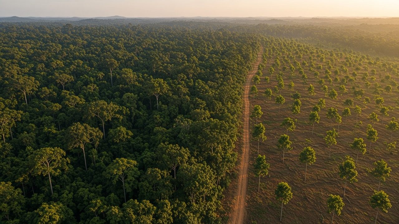 Aerial view of mature tropical rainforest beside rows of young plantation trees on former cleared land under late-afternoon light