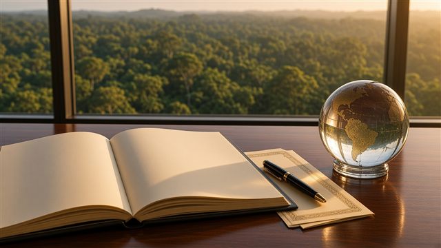 Bond certificates and an open prospectus on a wooden desk with a globe paperweight, tropical rainforest soft-focus through a window behind