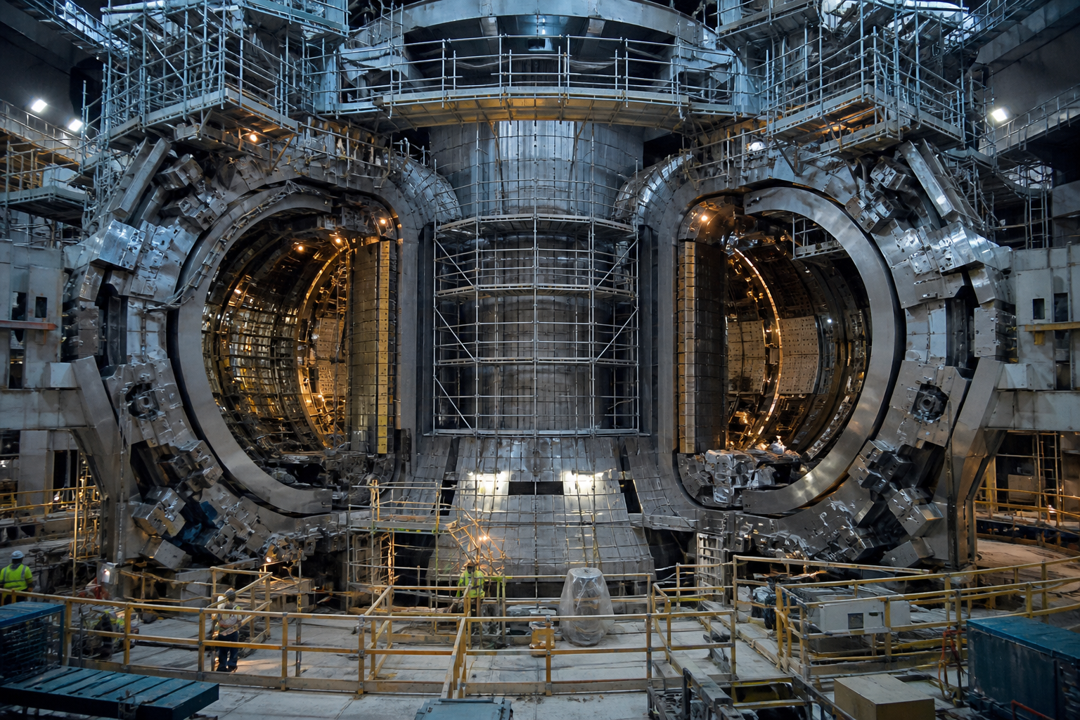 Large tokamak fusion reactor under construction suggesting the ITER international project