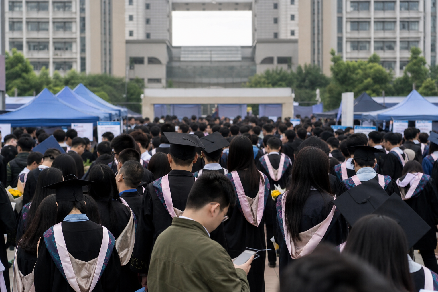 Crowded Chinese university graduation ceremony suggesting intense job competition