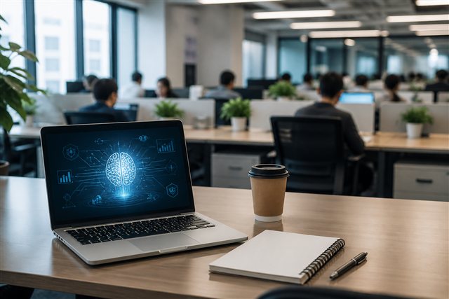 Young worker desk with laptop suggesting AI taking over junior career tasks