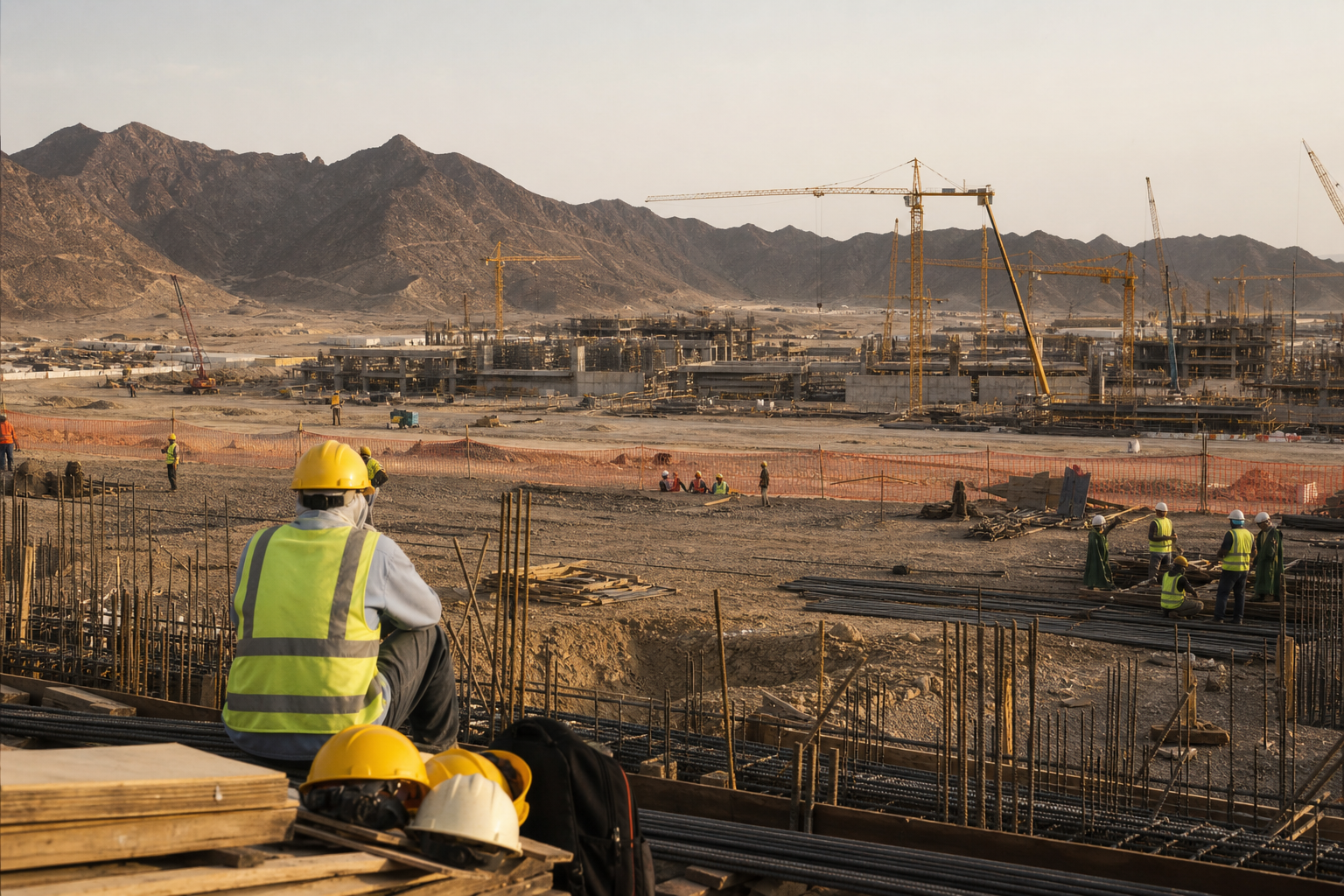 Desert megacity construction site suggesting Saudi Vision 2030 giga-projects and migrant labor