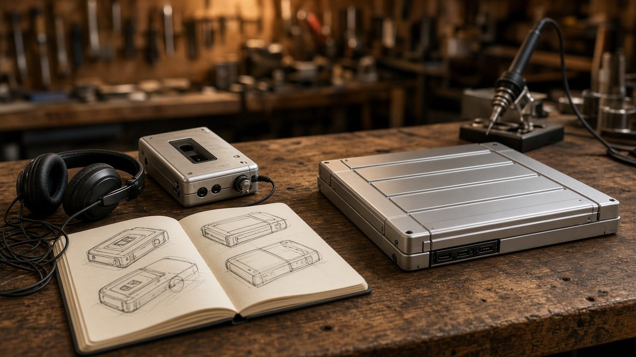 A portable cassette player with headphones beside an EV battery module and sketch notebook on a workshop bench