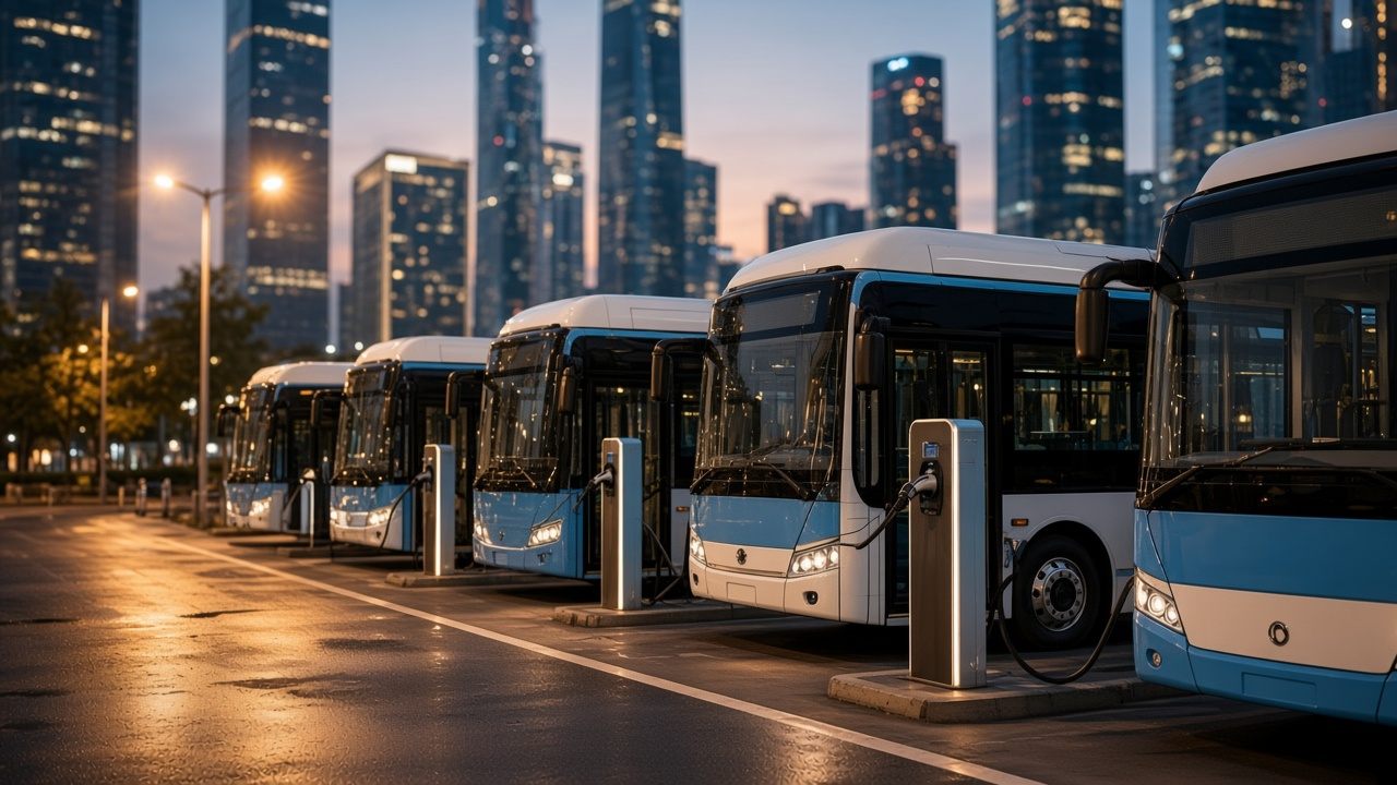 Electric public buses plugged into charging stations at a city depot with a soft-focus skyline behind at dusk