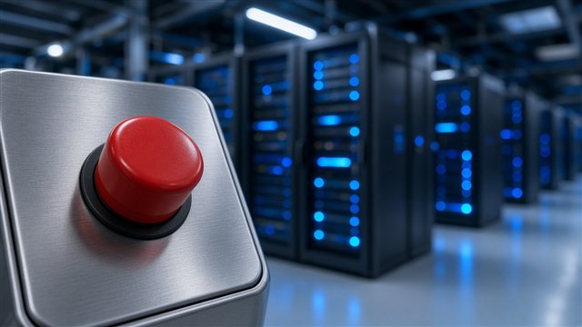 Red emergency kill switch on a control panel in front of AI data-center servers