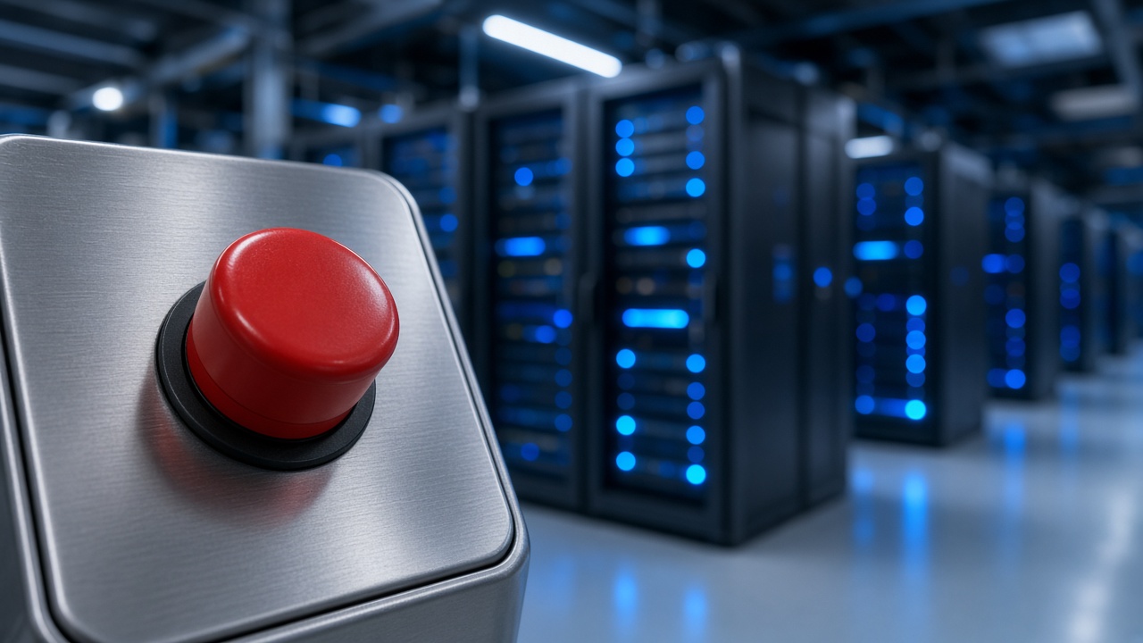 Red emergency kill switch on a control panel in front of AI data-center servers