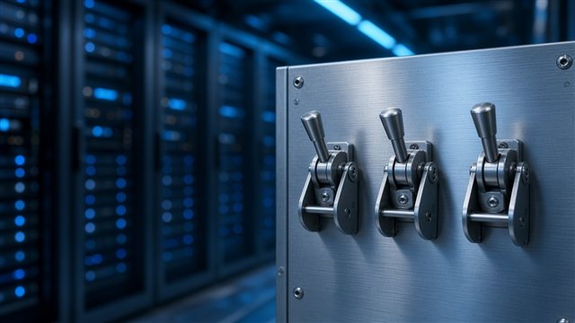 Multiple control switches on a panel suggesting contested authority over an AI shutdown