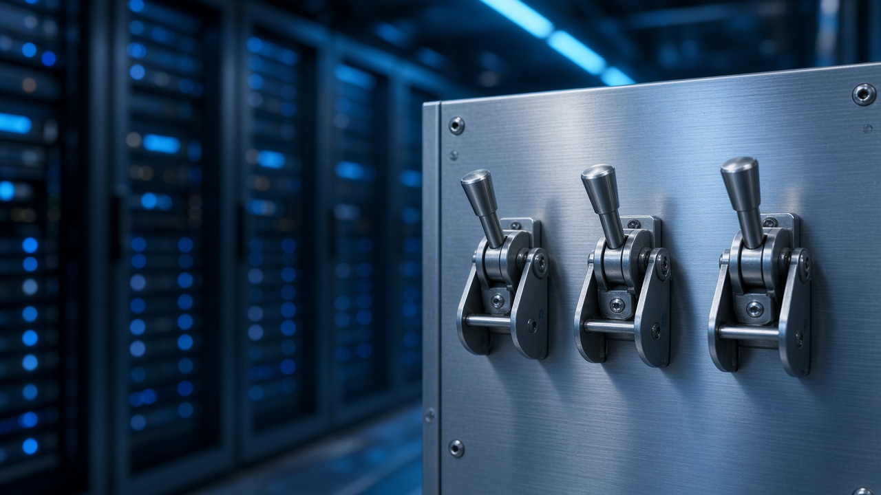Multiple control switches on a panel suggesting contested authority over an AI shutdown