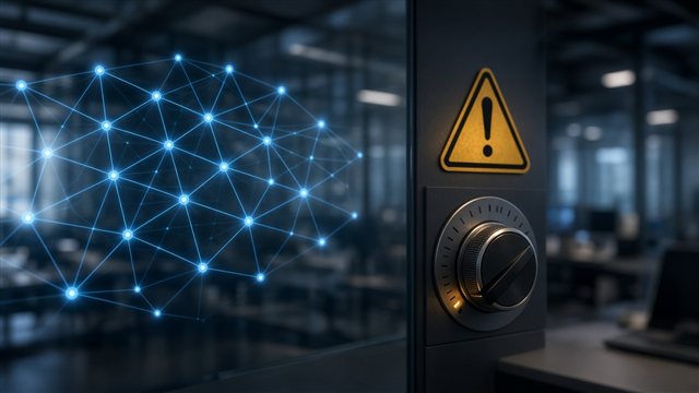 AI network display with a caution symbol suggesting calls to slow AI development