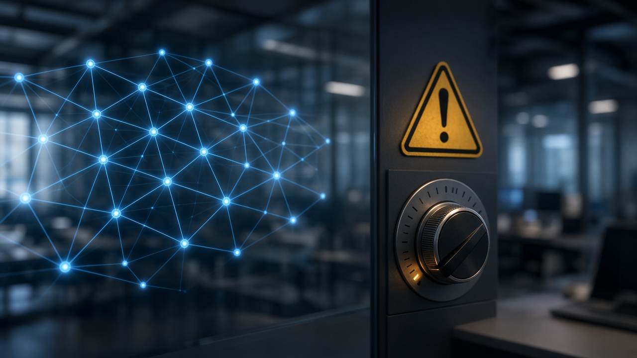 AI network display with a caution symbol suggesting calls to slow AI development