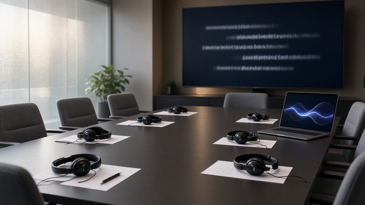 Headsets on a conference table facing a screen of blurred translated subtitles and a laptop with a soft translation waveform