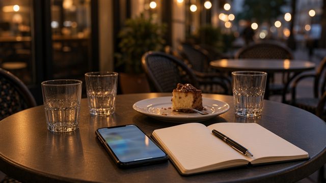 An outdoor café table at dusk with glasses, a notebook, and a smartphone showing a soft blurred translation-app screen