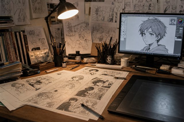 Manga artist's desk with original comic pages and a tablet showing an anime-style portrait