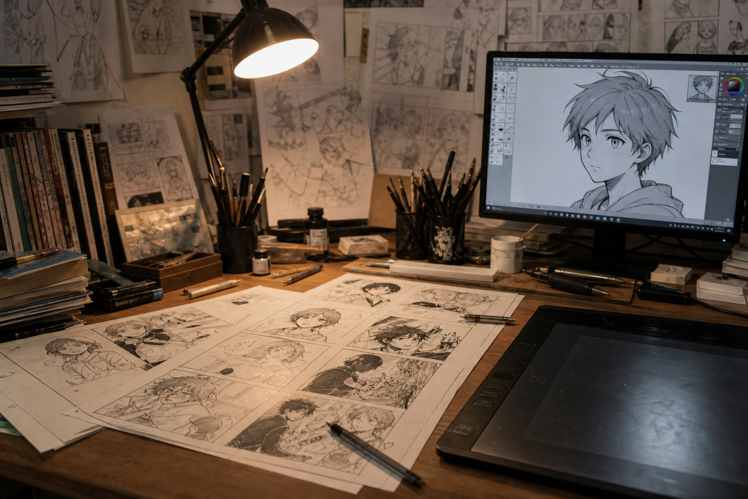 Manga artist's desk with original comic pages and a tablet showing an anime-style portrait