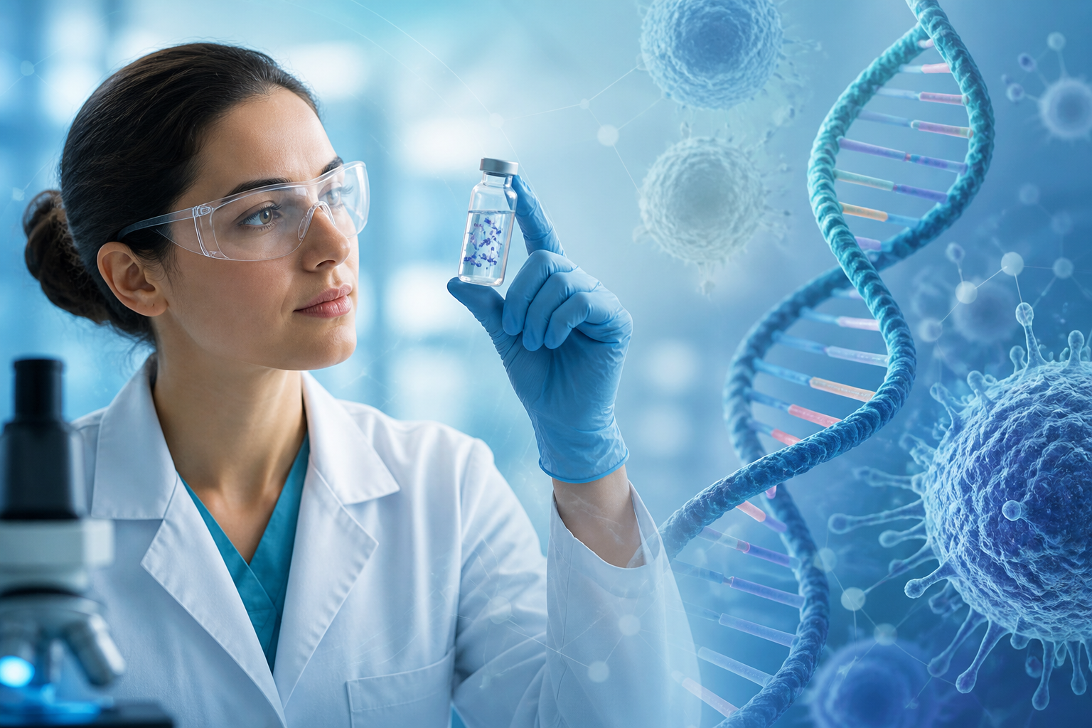 Scientist holding a vaccine vial beside a DNA helix suggesting personalized cancer research